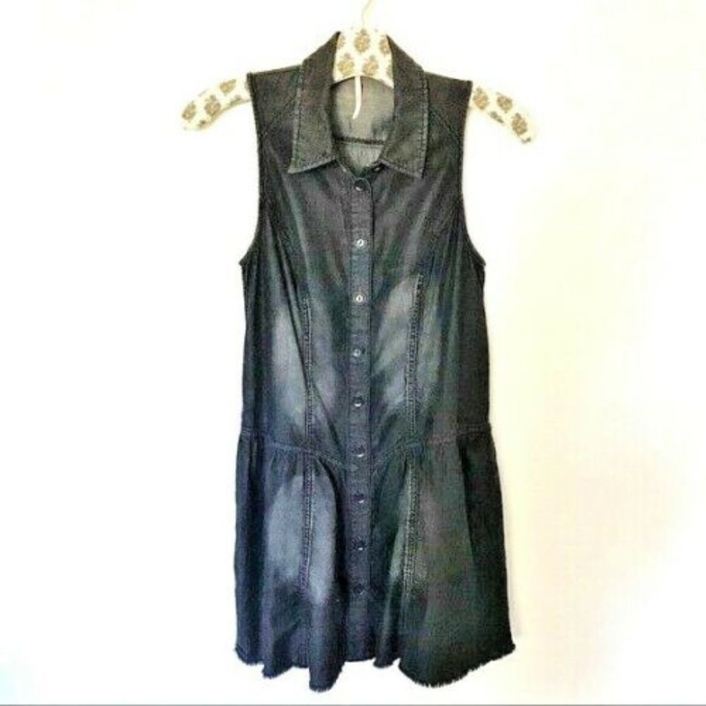 Free People Dress Denim Raw Hem Factory Faded Sz XS Black Pockets MSRP $108